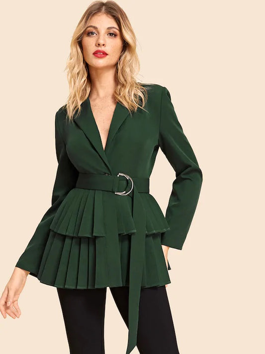 CM-CS904725 Women Elegant European Style Tiered Pleated Hem Belted Blazer - Green