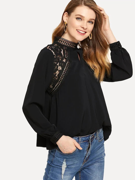 CM-TS907165 Women Casual Seoul Style Long Sleeve Guipure Lace Panel Mock Neck Top - Black