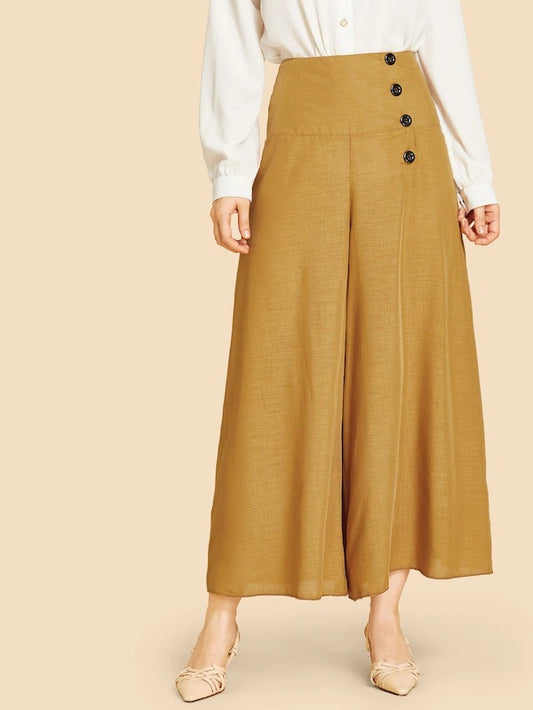 CM-BS911403 Women Casual Seoul Style Mid Waist Button Front Wide Leg Pants - Brown