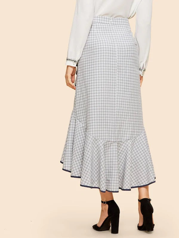 CM-BS820404 Women Elegant Seoul Style Ruffle Wrap Plaid Mid Waist Skirt - Gray