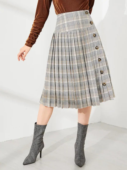 CM-BS824702 Women Casual Seoul Style Mid Waist Pleated Plaid Mini Skirt - Gray