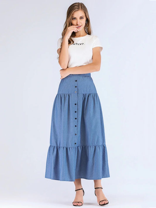 CM-BS928952 Women Casual Seoul Style Ruffle Hem Button Mid Waist Maxi Skirt - Blue