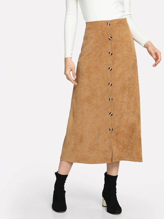 CM-BS009372 Women Casual Seoul Style Corduroy Button Mid Waist Skirt - Khaki