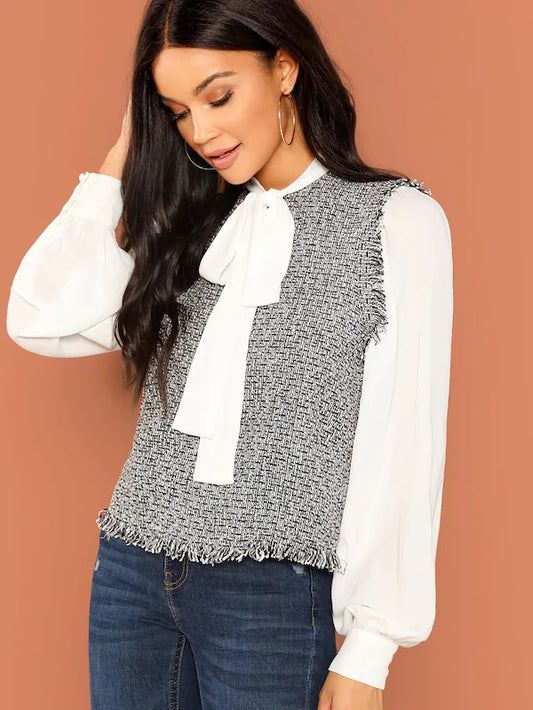 CM-TS918724 Women Elegant Seoul Style Tie Neck Frayed Trim 2 In 1 Blouse - Gray