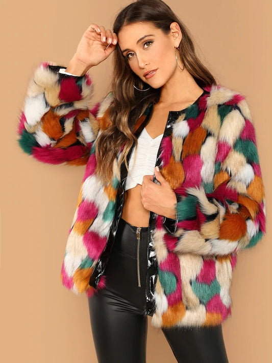 CM-CS912708 Women Elegant European Style Long Sleeve Open Front Faux Fur Coat