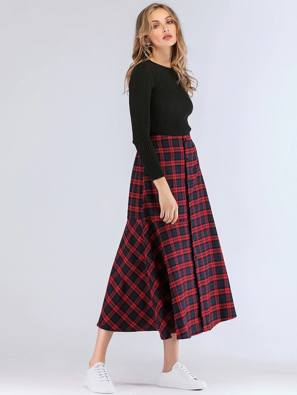 CM-BS011902 Women Casual Seoul Style Tartan Plaid Button Front Ruffle Hem Skirt - Red