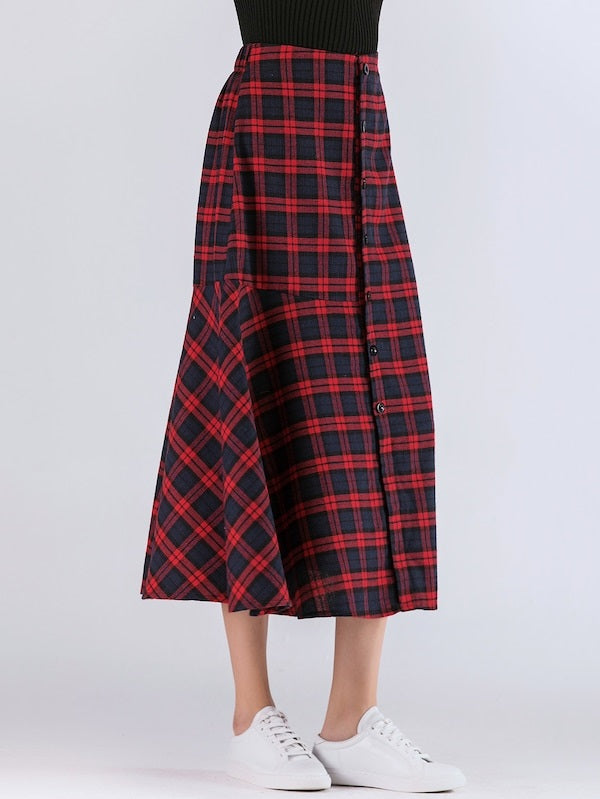 CM-BS011902 Women Casual Seoul Style Tartan Plaid Button Front Ruffle Hem Skirt - Red