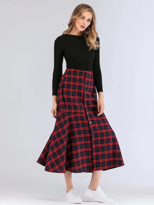 CM-BS011902 Women Casual Seoul Style Tartan Plaid Button Front Ruffle Hem Skirt - Red