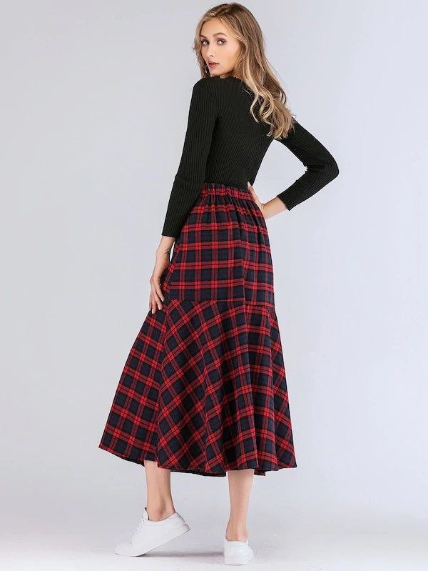 CM-BS011902 Women Casual Seoul Style Tartan Plaid Button Front Ruffle Hem Skirt - Red