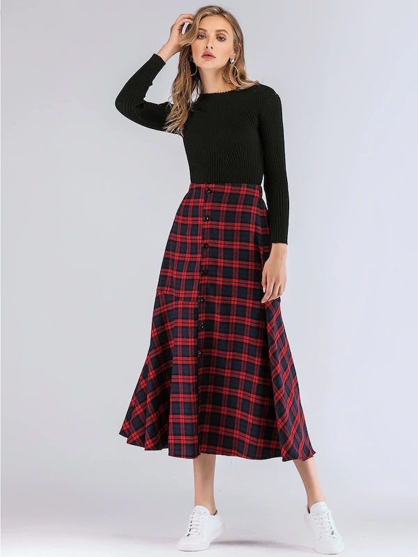 CM-BS011902 Women Casual Seoul Style Tartan Plaid Button Front Ruffle Hem Skirt - Red