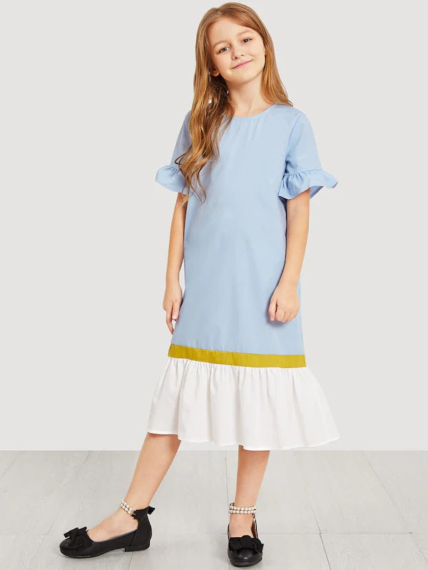 CM-KD926707 Girls Seoul Style Keyhole Back Cut And Sew Dress - Blue