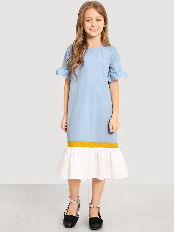 CM-KD926707 Girls Seoul Style Keyhole Back Cut And Sew Dress - Blue