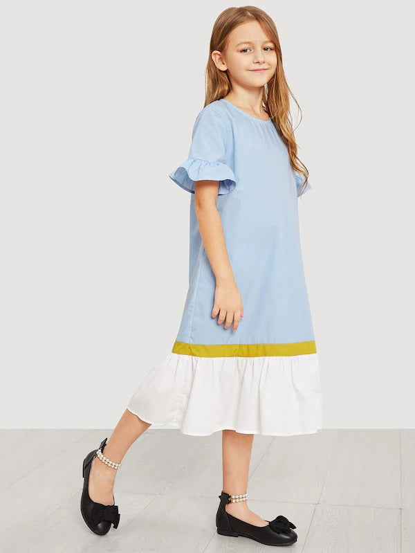 CM-KD926707 Girls Seoul Style Keyhole Back Cut And Sew Dress - Blue