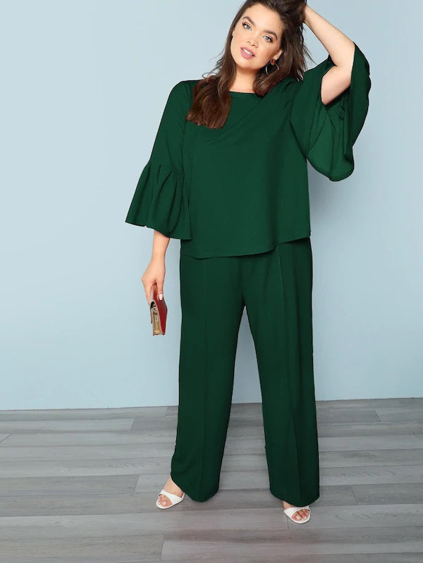 CM-SP920706 Plus Size Casual Seoul Style Knot Flare Sleeve Solid Top With Pants - Set
