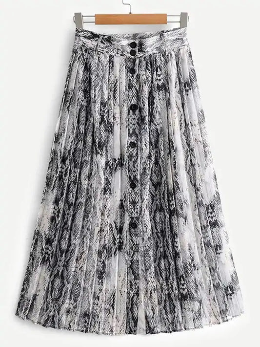 CM-BS018001 Women Trendy Seoul Style Mid Waist Snakeskin Print Pleated Skirt - Gray