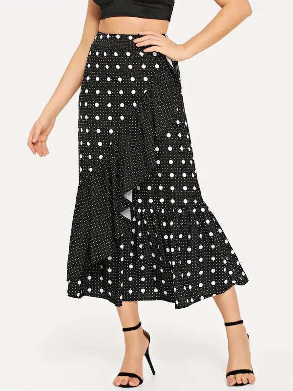 CM-BS822402 Women Elegant Seoul Style Wide Waistband Polka Dot Skirt - Black