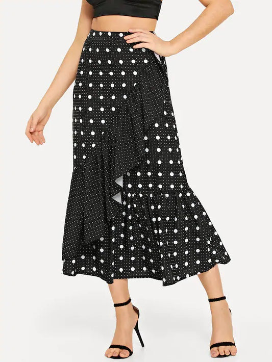 CM-BS822402 Women Elegant Seoul Style Wide Waistband Polka Dot Skirt - Black