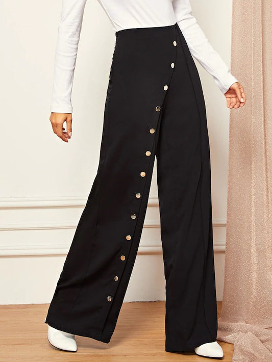 CM-BS927717 Women Elegant Seoul Style Mid Waist Snap Button Front Wide Leg Pants - Black