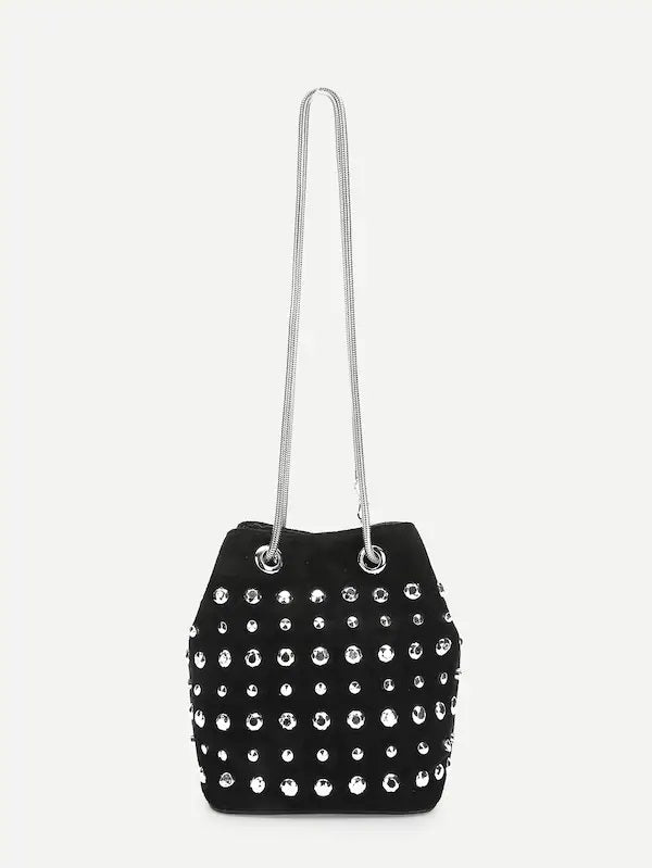 CM-BGS010638 Women Elegant Seoul Style Rhinestone Decor Drawstring Crossbody Bag