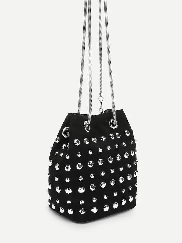 CM-BGS010638 Women Elegant Seoul Style Rhinestone Decor Drawstring Crossbody Bag