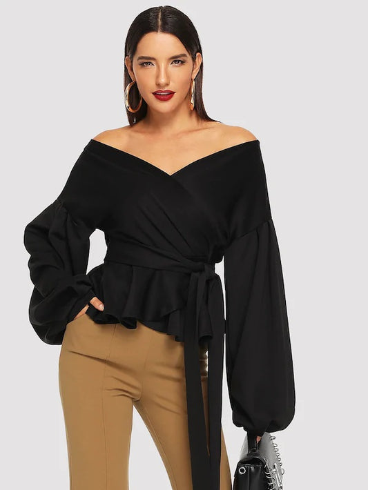 CM-TS930720 Women Elegant Seoul Style Lantern Sleeve Surplice Belted Peplum Blouse - Black