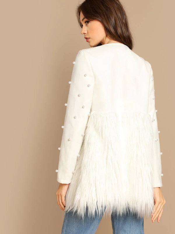 CM-CS011701 Women Elegant European Style Long Sleeve Pearl Embellished Faux Fur Coat - White