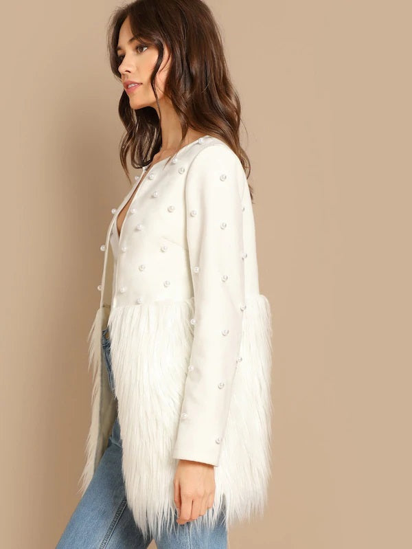 CM-CS011701 Women Elegant European Style Long Sleeve Pearl Embellished Faux Fur Coat - White