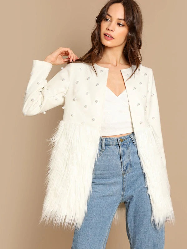 CM-CS011701 Women Elegant European Style Long Sleeve Pearl Embellished Faux Fur Coat - White