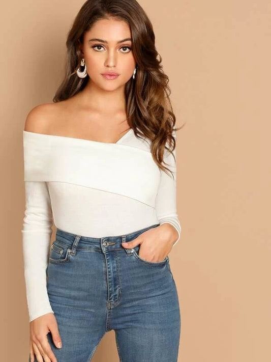 CM-TS011731 Women Casual Seoul Style Foldover Asymmetrical Neck Solid Tee - White