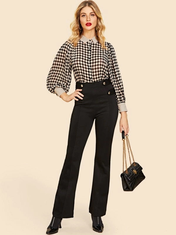 CM-TS119053 Women Elegant Seoul Style Collar Neckline Bishop Sleeve Checkerboard Blouse