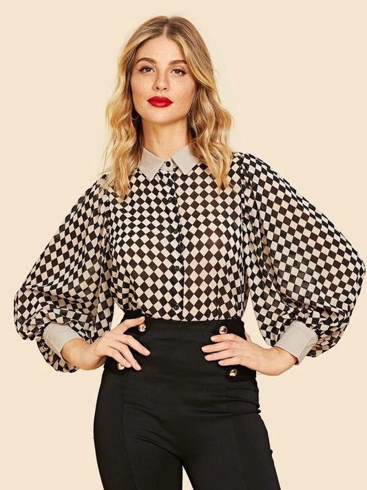 CM-TS119053 Women Elegant Seoul Style Collar Neckline Bishop Sleeve Checkerboard Blouse