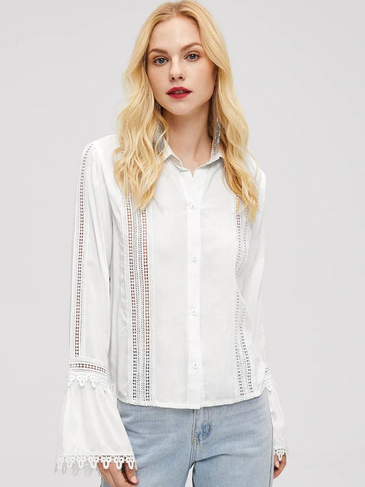 CM-TS016727 Women Elegant Seoul Style Lace Insert Long Bell Sleeve Blouse - White