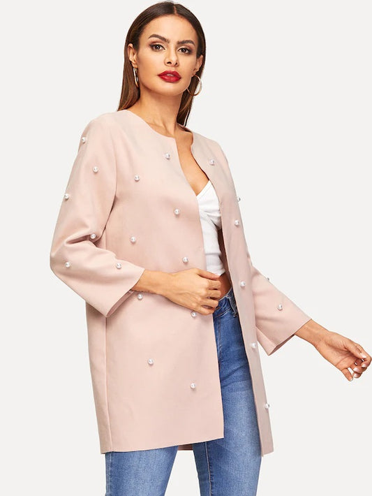 CM-CS127764 Women Elegant Seoul Style Long Sleeve Open Front Pearls Beaded Solid Coat - Pink