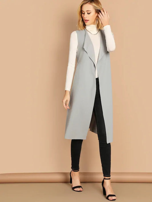CM-CS005727 Women Casual Seoul Style Bow Tie Waist Longline Belted Vest Coat - Gray