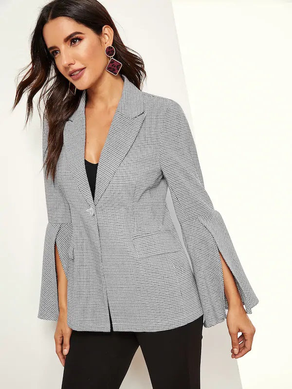 CM-CS106746 Women Elegant Seoul Style Flare Petal Sleeve Plaid Blazer - Gray