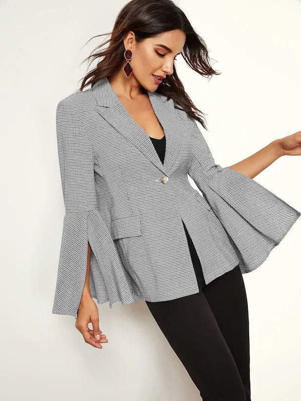 CM-CS106746 Women Elegant Seoul Style Flare Petal Sleeve Plaid Blazer - Gray