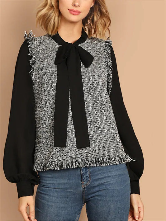 CM-TS031742 Women Elegant Seoul Style Tie Neck Frayed Trim 2 In 1 Blouse - Black