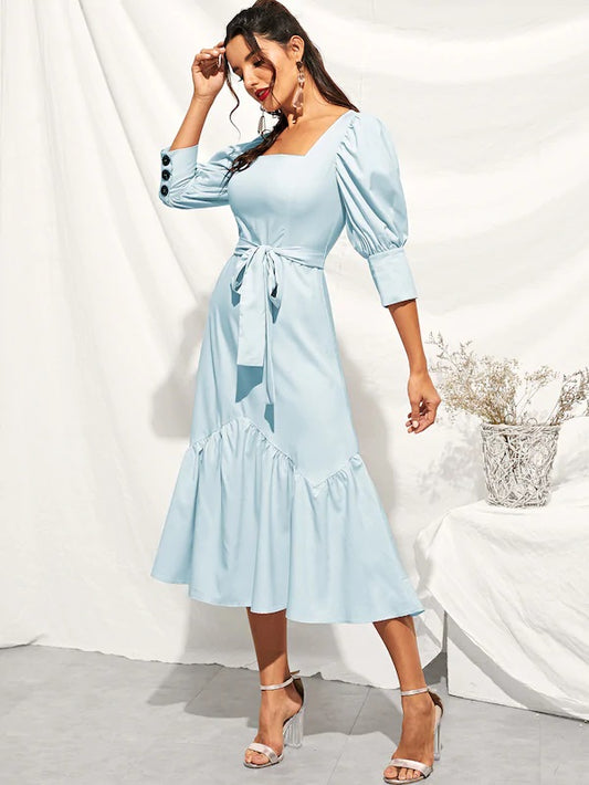 CM-DS126785 Women Elegant Vintage Style Buttoned Cuff Flounce Hem Self Dress With Belt - Blue