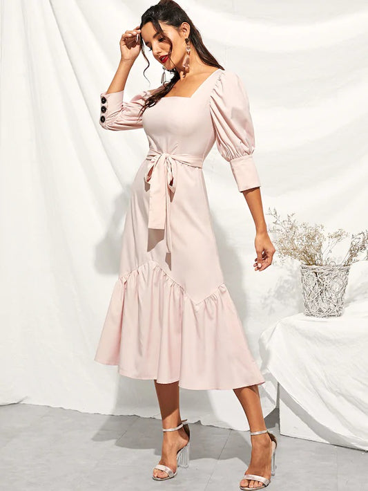 CM-DS914729 Women Elegant Vintage Style Buttoned Cuff Flounce Hem Self Dress With Belt - Pink