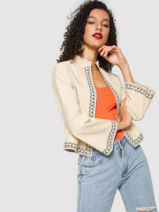 CM-CS127739 Women Elegant Seoul Style Long Sleeve Open Front Geometric Print Coat - Beige