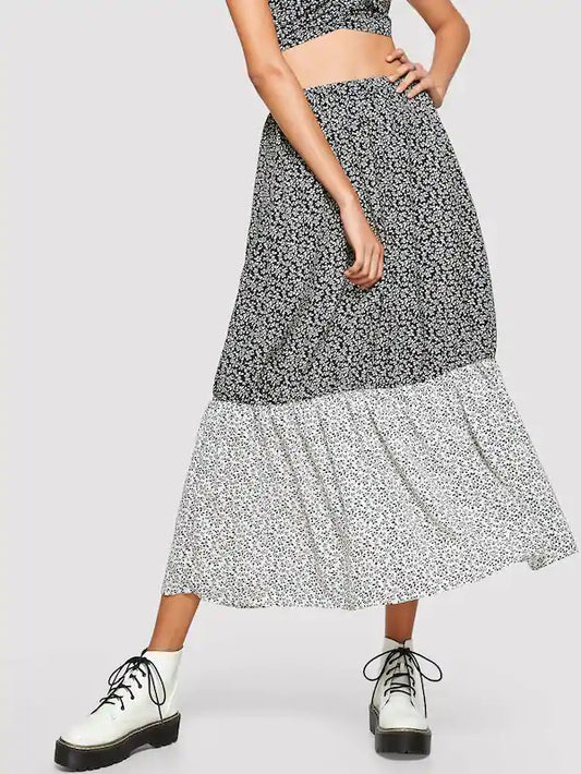 CM-BS123726 Women Casual Seoul Style Ruffle Hem Allover Print Maxi Skirt