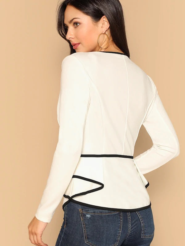 CM-CS112741 Women Casual Seoul Style Long Sleeve V-Neck Trim Fitted Peplum Coat - White