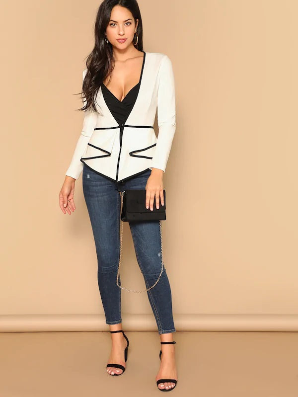 CM-CS112741 Women Casual Seoul Style Long Sleeve V-Neck Trim Fitted Peplum Coat - White