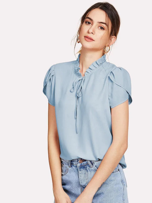 CM-TS207653 Women Casual Seoul Style Frill Trim Tie Neck Petal Sleeve Top - Blue