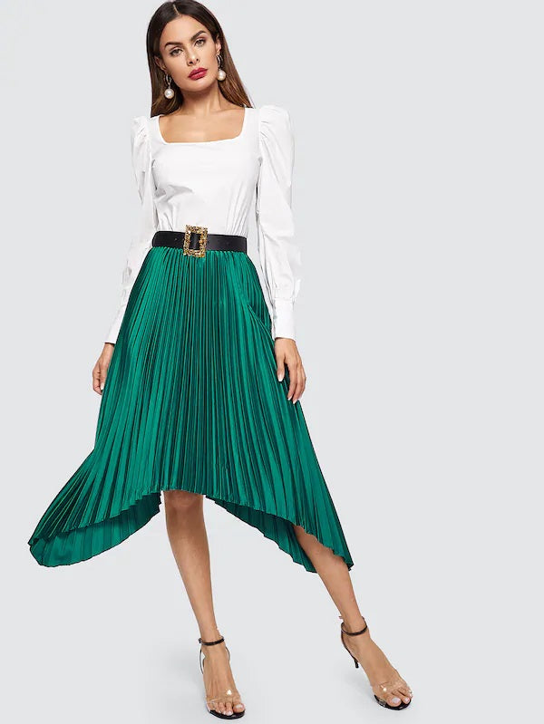 CM-BS119701 Women Casual Classic Style Elastic Waist Asymmetrical Skirt - Green