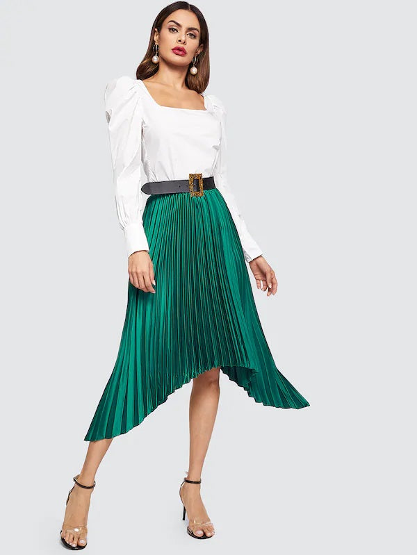 CM-BS119701 Women Casual Classic Style Elastic Waist Asymmetrical Skirt - Green