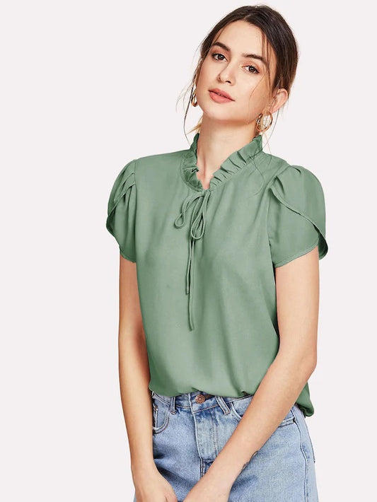 CM-TS207242 Women Casual Seoul Style Frill Trim Tie Neck Petal Sleeve Top - Green