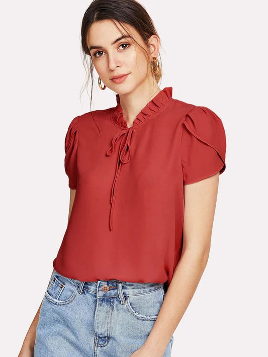 CM-TS207914 Women Casual Seoul Style Frill Trim Tie Neck Petal Sleeve Top - Red