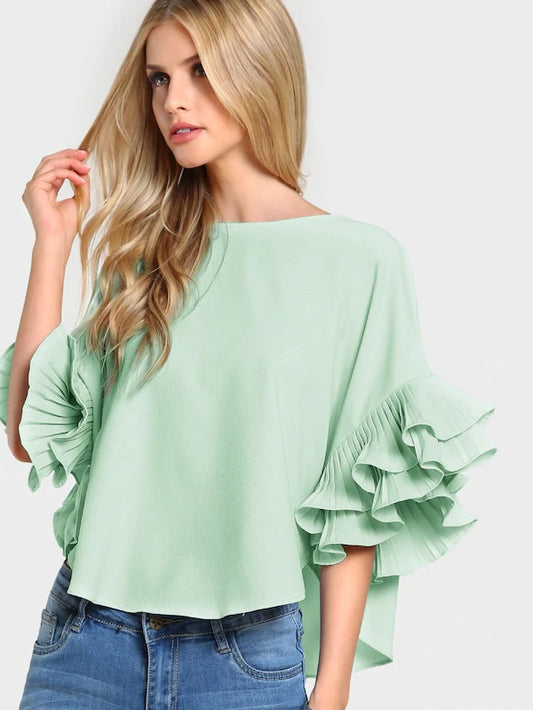 CM-TS130760 Women Casual Seoul Style Pleated Ruffle Sleeve Dolphin Hem Top - Green