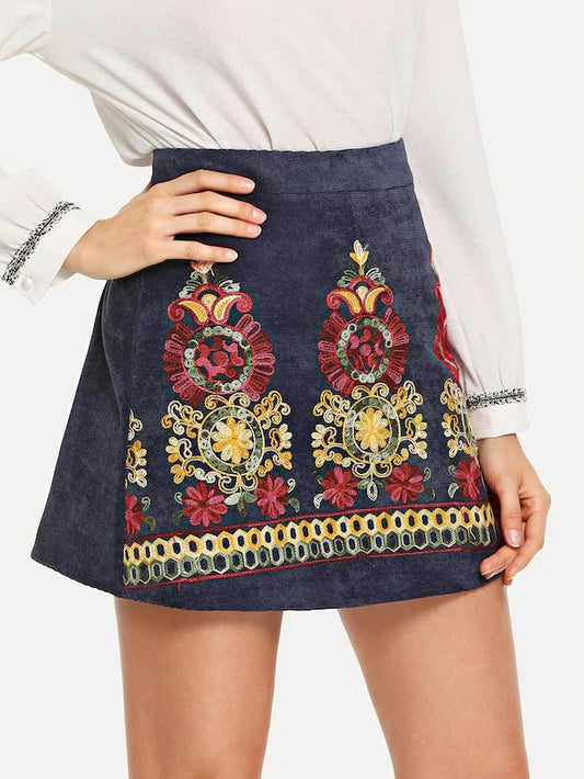 CM-BS925705 Women Casual Seoul Style Mid Waist Zip Up Embroidered Mini Skirt